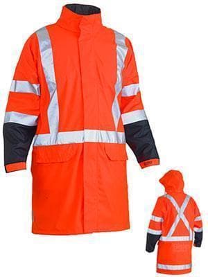 Bisley Workwear Work Wear ORANGE (BVEO) / S BISLEY WORKWEAR 3M TAPED HI VIS STRETCH PU RAIN COAT WITH CONCEALED HOOD AND X BACK (WATERPROOF) BJ6955XT