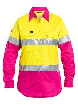 Bisley Workwear Work Wear YELLOW/PINK (TT33) / 8 BISLEY WORKWEAR WOMENS 3M TAPED COOL LIGHTWEIGHT HI VIS SHIRT  - LONG SLEEVE BL6696T