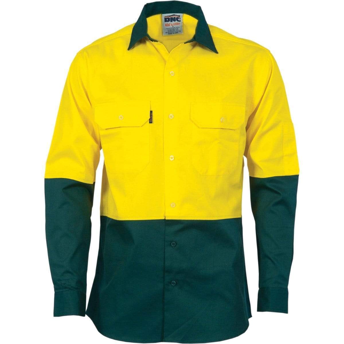 DNC Workwear Work Wear Yellow/Bottle Green / XS DNC WORKWEAR Hi-Vis 2 Tone Cool-Breeze Long Sleeve Cotton Shirt 3840