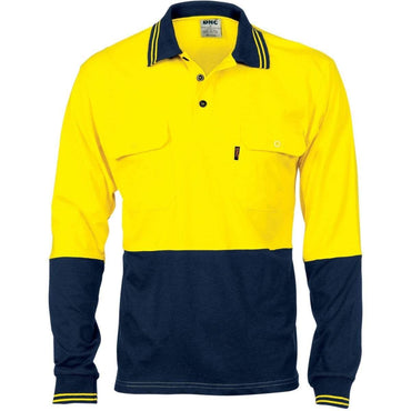 DNC Workwear Work Wear Yellow/Navy / XS DNC WORKWEAR Hi-Vis Cool-Breeze 2-Tone Cotton Jersey Long Sleeve Polo Shirt with Twin Chest Pocket 3944