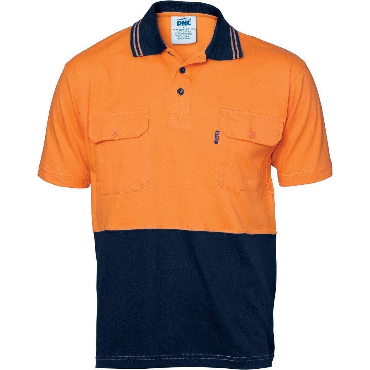 DNC Workwear Work Wear Orange/Navy / M DNC WORKWEAR Hi-Vis Cool-Breeze 2-Tone Cotton Jersey Short Sleeve Polo Shirt with Twin Chest Pocket 3943