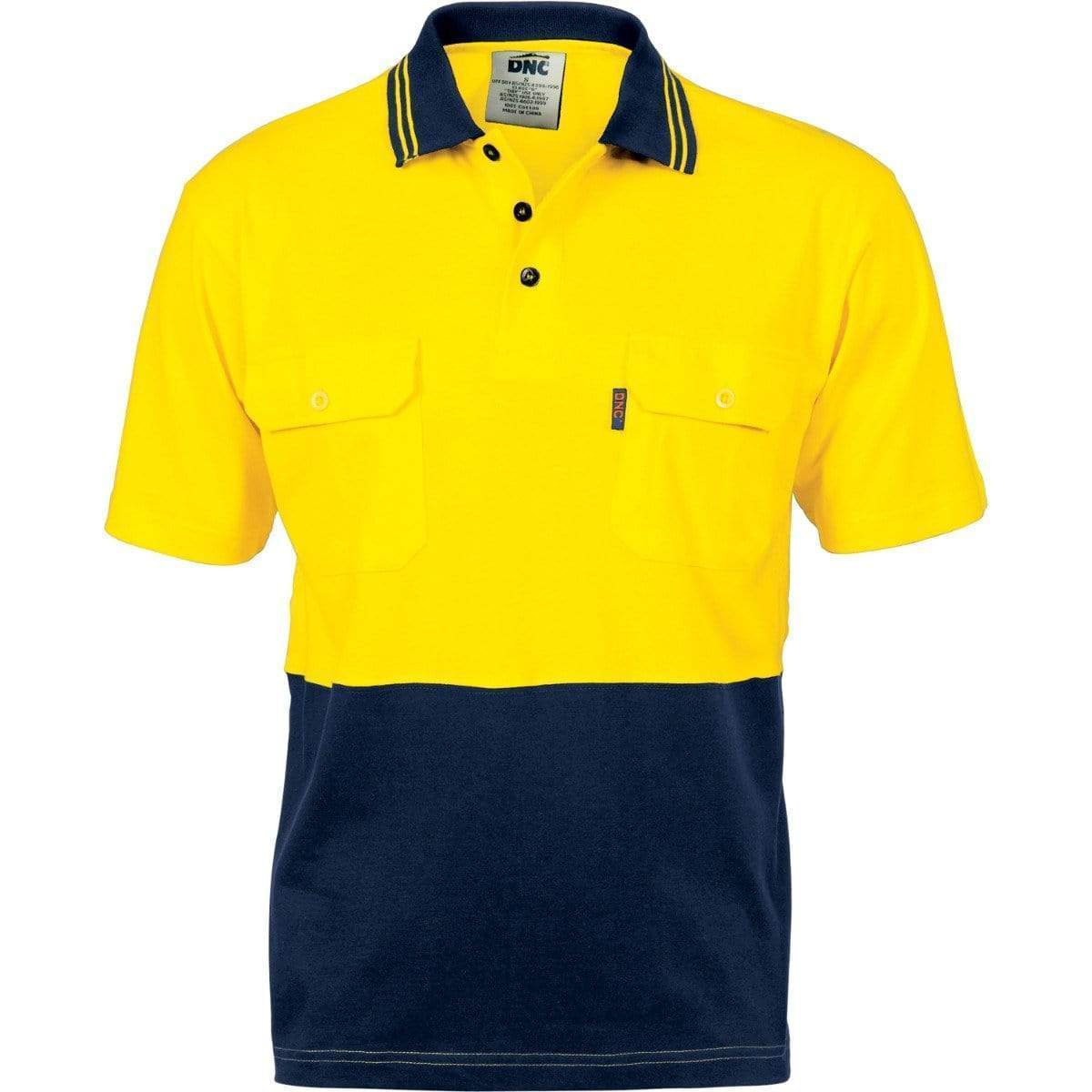 DNC Workwear Work Wear Yellow/Navy / XS DNC WORKWEAR Hi-Vis Cool-Breeze 2-Tone Cotton Jersey Short Sleeve Polo Shirt with Twin Chest Pocket 3943