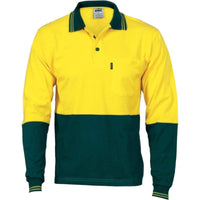 DNC Workwear Work Wear Yellow/Bottle Green / XL DNC WORKWEAR Hi-Vis Cool-Breeze Cotton Jersey Long Sleeve Polo Shirt with Underarm Cotton Mesh 3846