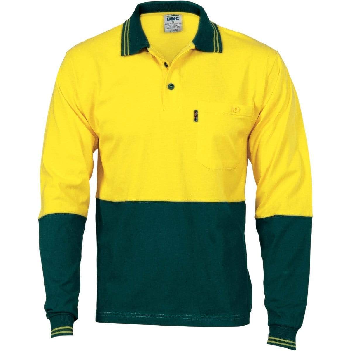 DNC Workwear Work Wear Yellow/Bottle Green / XL DNC WORKWEAR Hi-Vis Cool-Breeze Cotton Jersey Long Sleeve Polo Shirt with Underarm Cotton Mesh 3846