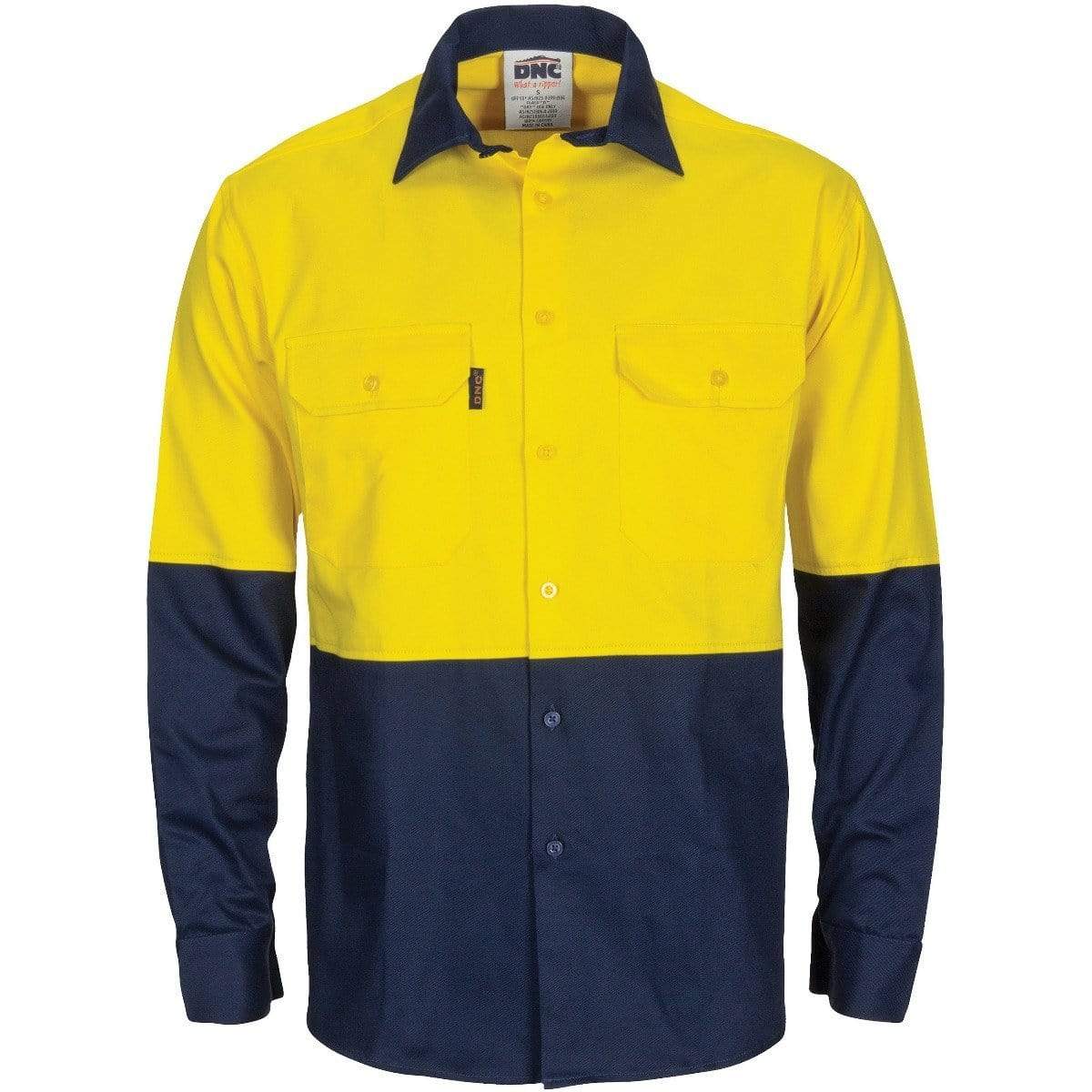 DNC Workwear Work Wear Yellow/Navy / XS DNC WORKWEAR Hi-Vis L/W Cool-Breeze T2 Vertical Vented Long Sleeve Cotton Shirt with Gusset Sleeves  3733