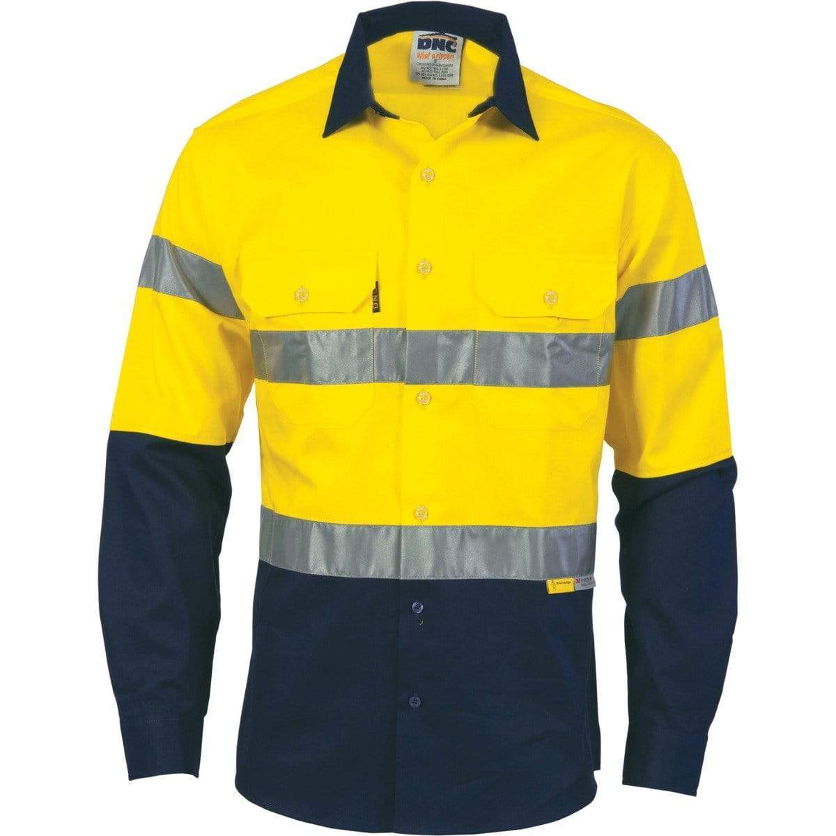 DNC Workwear Work Wear Yellow/Navy / XS DNC WORKWEAR Hi-Vis Two-Tone Drill Long Sleeve Shirts with 3M 8906 Reflective Tape 3736