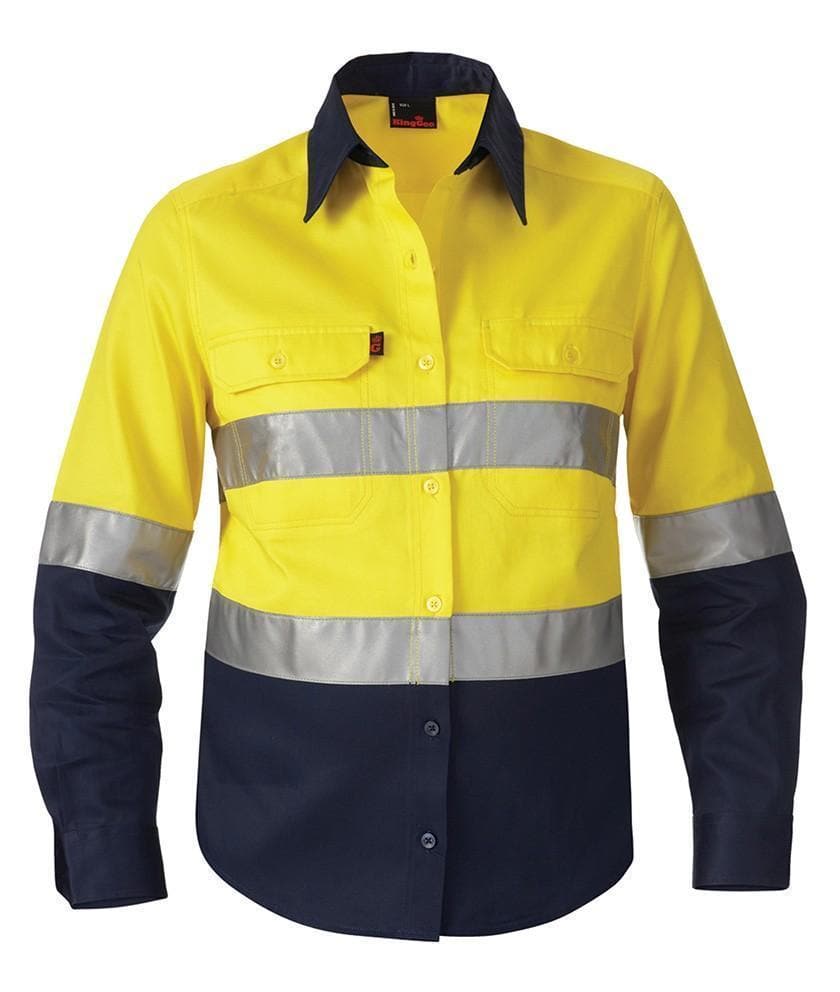 KingGee Work Wear Yellow/Navy / 6 KingGee Women's Reflective Spliced Drill Shirt L/S K44532