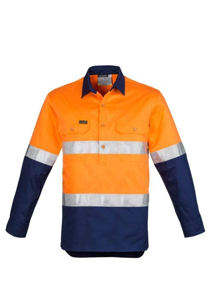 SYZMIK mens hi vis closed front l/s shirt - hoop taped zw550 Work Wear Syzmik Orange/Navy 7XL 