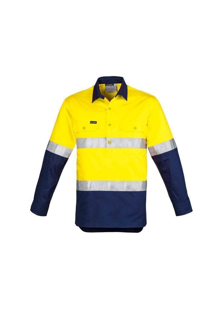 SYZMIK mens hi vis closed front l/s shirt - hoop taped zw550 Work Wear Syzmik Yellow/Navy 7XL 