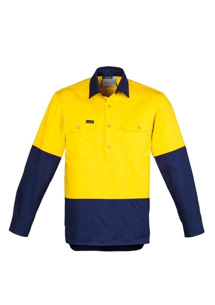 SYZMIK mens hi vis closed front l/s shirt zw560 Work Wear Syzmik Yellow/Navy XXS 