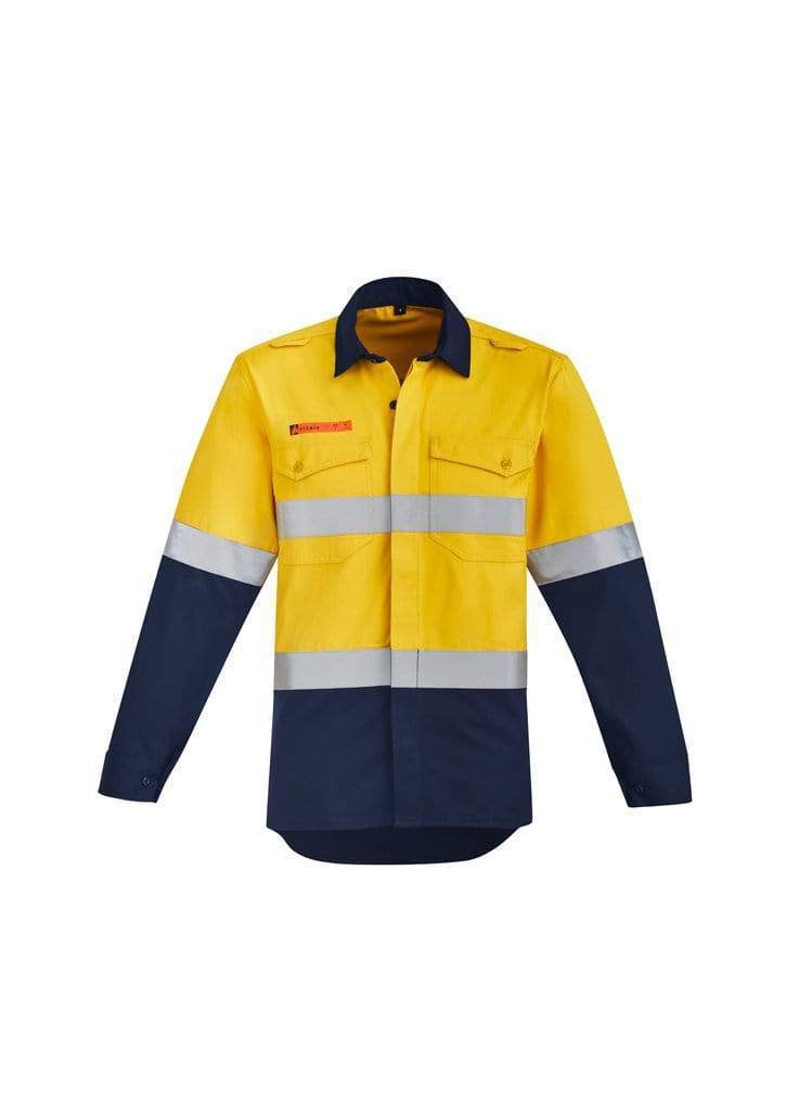 SYZMIK orange flame hrc-2 hoop taped open front spliced shirt ZW140 Work Wear Syzmik Yellow/Navy 7XL 